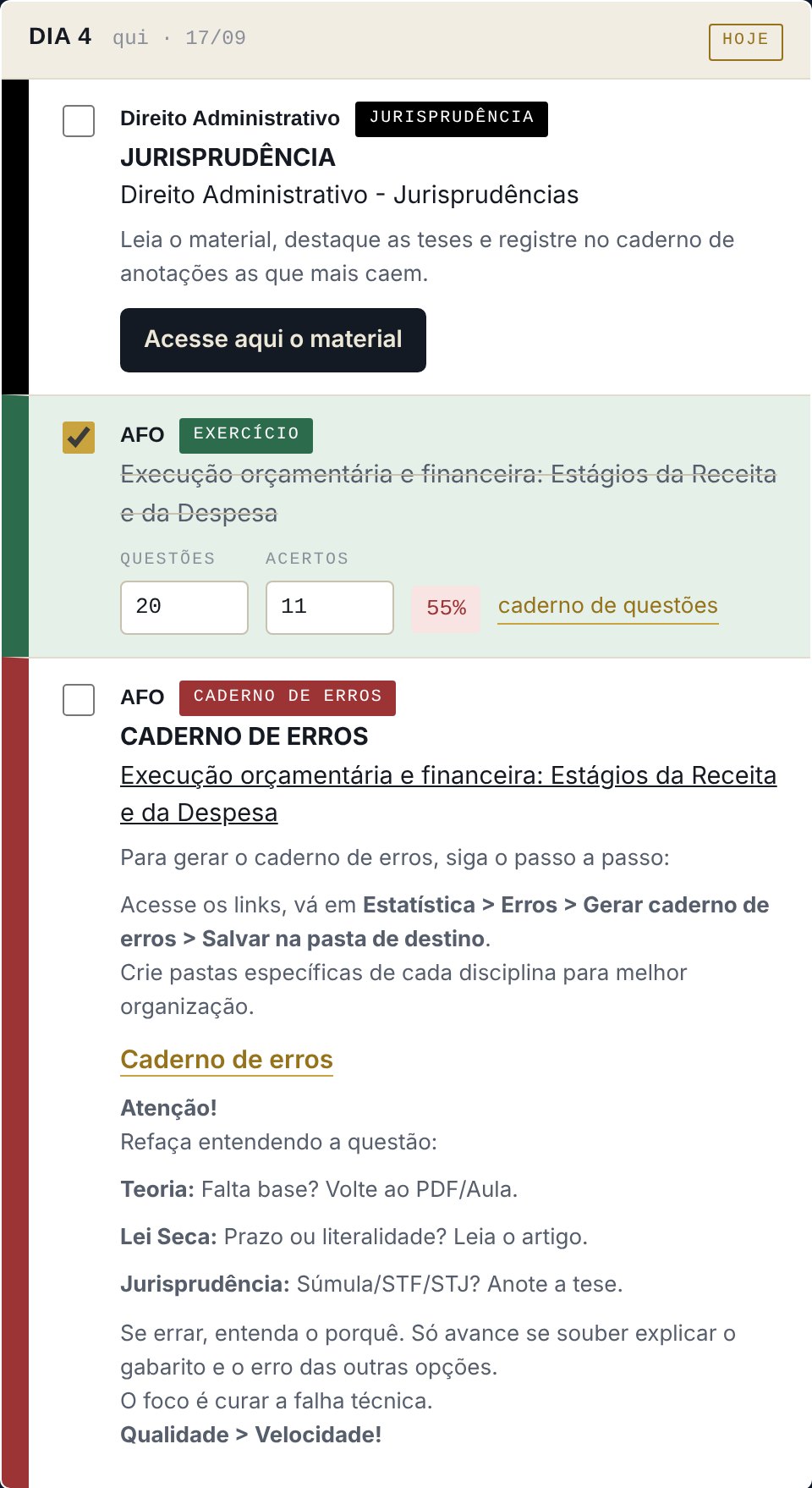 Metas em destaque: jurisprudência com botão para o material, exercício com 55% de acerto e o caderno de erros agendado automaticamente
